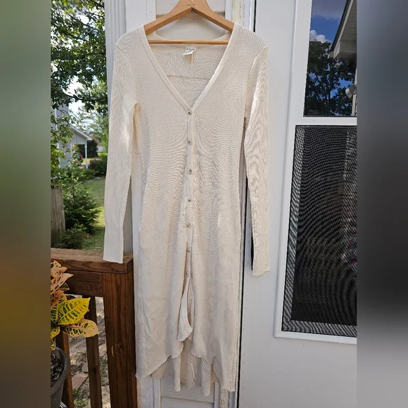 Rib Knit Long Sleeve V Neck Bodycon Midi Dress Beige Size S By Together Anthrop - Picture 1 of 9